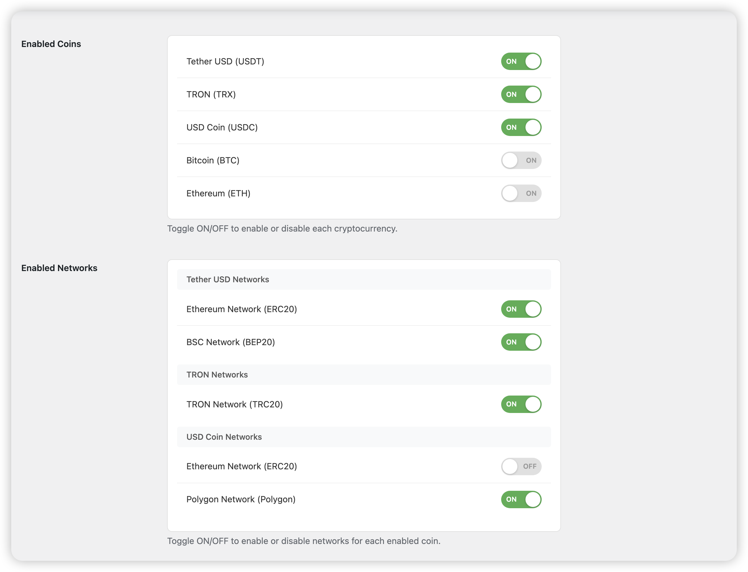 Coin Configuration Settings